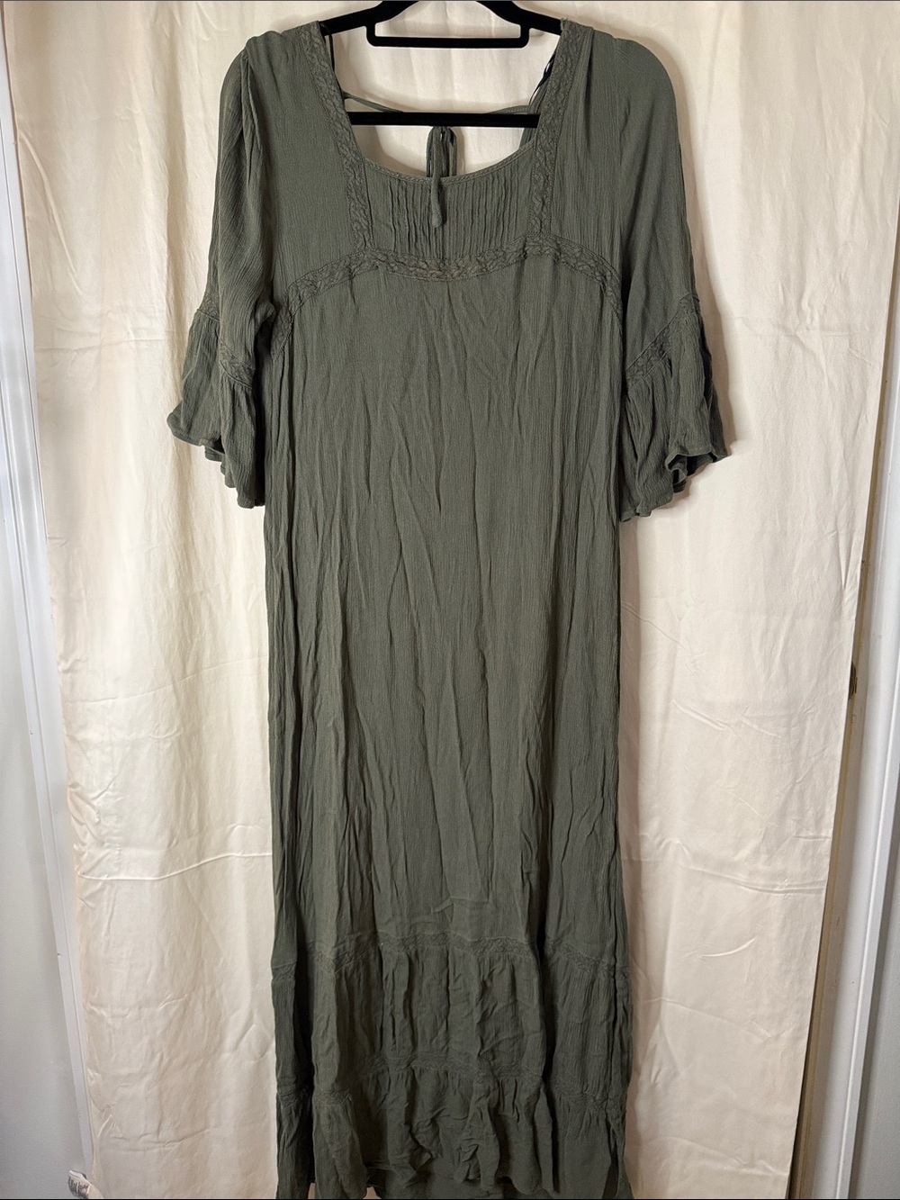 Bohemian Olive Green Maxi Dress with Tie Neck